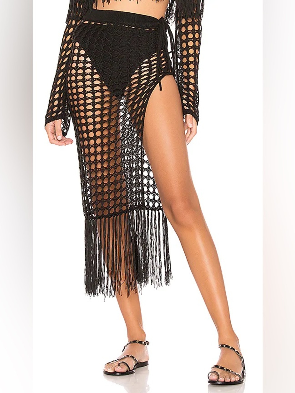 Lovers + Friends Stellar Crochet Fringe Swim Cover-Up Skirt in Black
